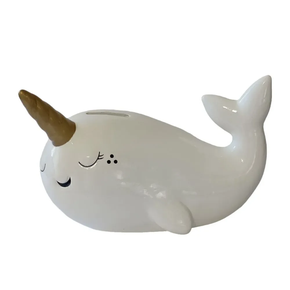 Target‎ Narwhal Bank Ceramic White Pillowfort Piggy Coin Figurine Coastal Beach.